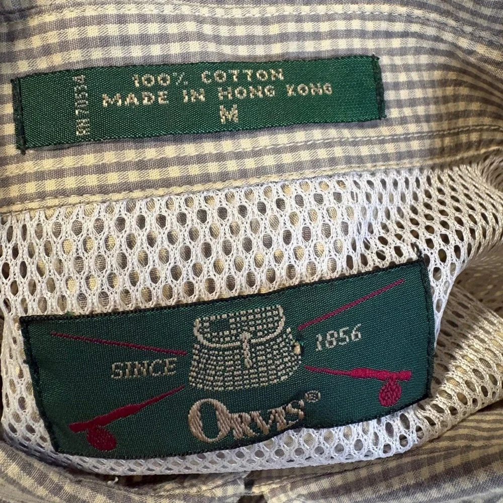 Vintage Orvis Fishing‎ Shirt Mens M Tan Gingham Cotton Utility Made in Hong Kong